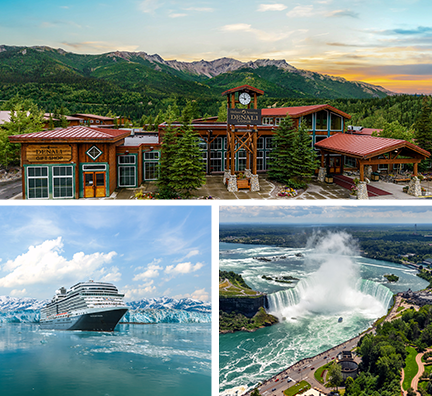Bild-Collage: Hotel aus Holz im Denali Nationalpark, Schiff Nieuw Amsterdam vor Gletschern, Niagarafälle.