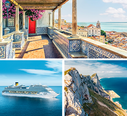 Bild-Collage: Blick von einem Balkon auf Lissabon, Außenansicht Costa Diadema, Felsen von Gibraltar.