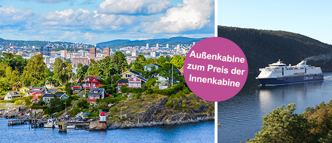 Bild-Collage: Außenansicht Color Line Schiff, Blick auf Oslo. Störer mit Text: Außenkabine zum Preis der Innenkabine.