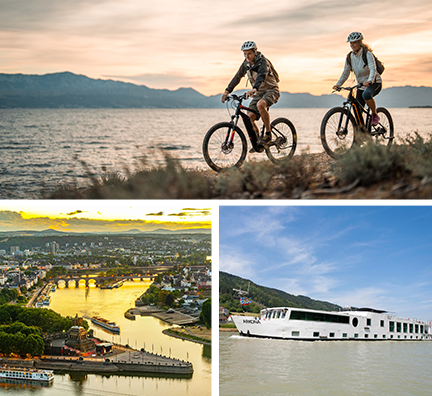 Bild-Collage: Zwei Radfahrer radeln entlang eines Flusses, Deutsches Eck von Koblenz, Außenansicht Schiff Arkona.
