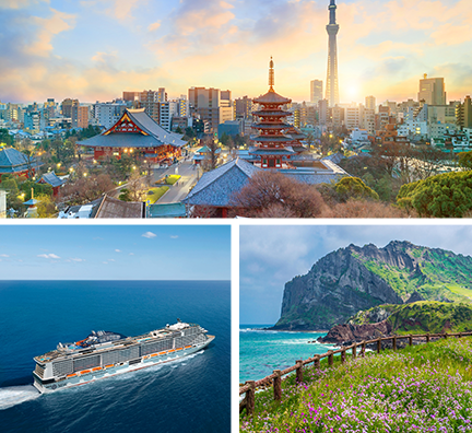 Bild-Collage: Hochhäuser und Tempel von Tokio, Außenansicht MSC Bellissima, grüne Küste von Jeju Inseln.