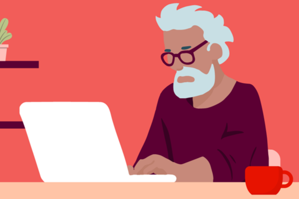 Illustration of a bearded man with glasses on a computer