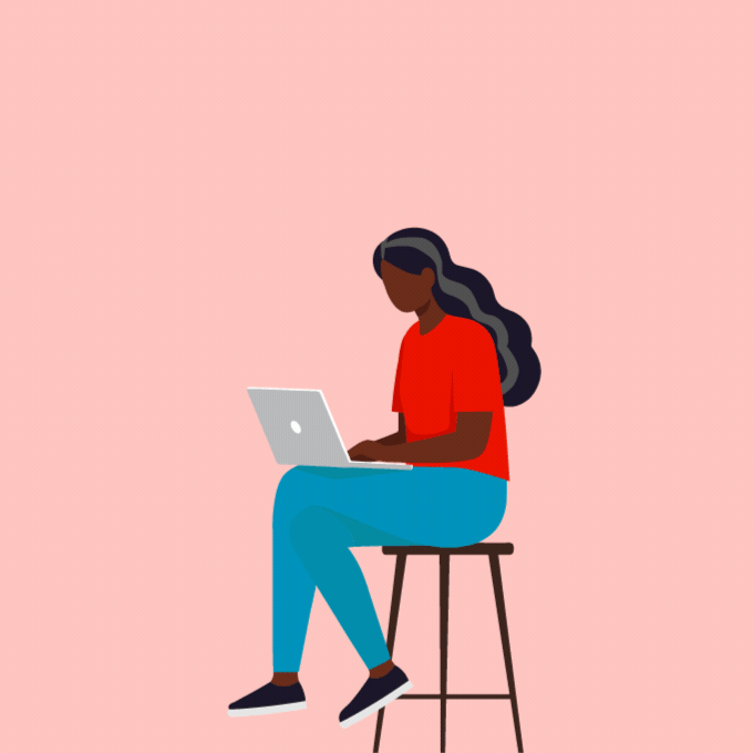 Woman on computer with illustrations of different jobs appearing around her