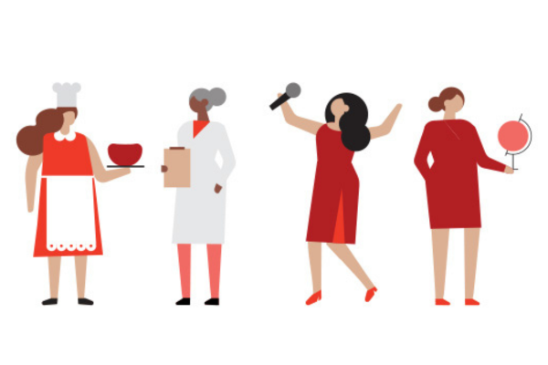 Illustration of various woman doing various jobs from scientist, to teacher, to cook, to singer, etc.