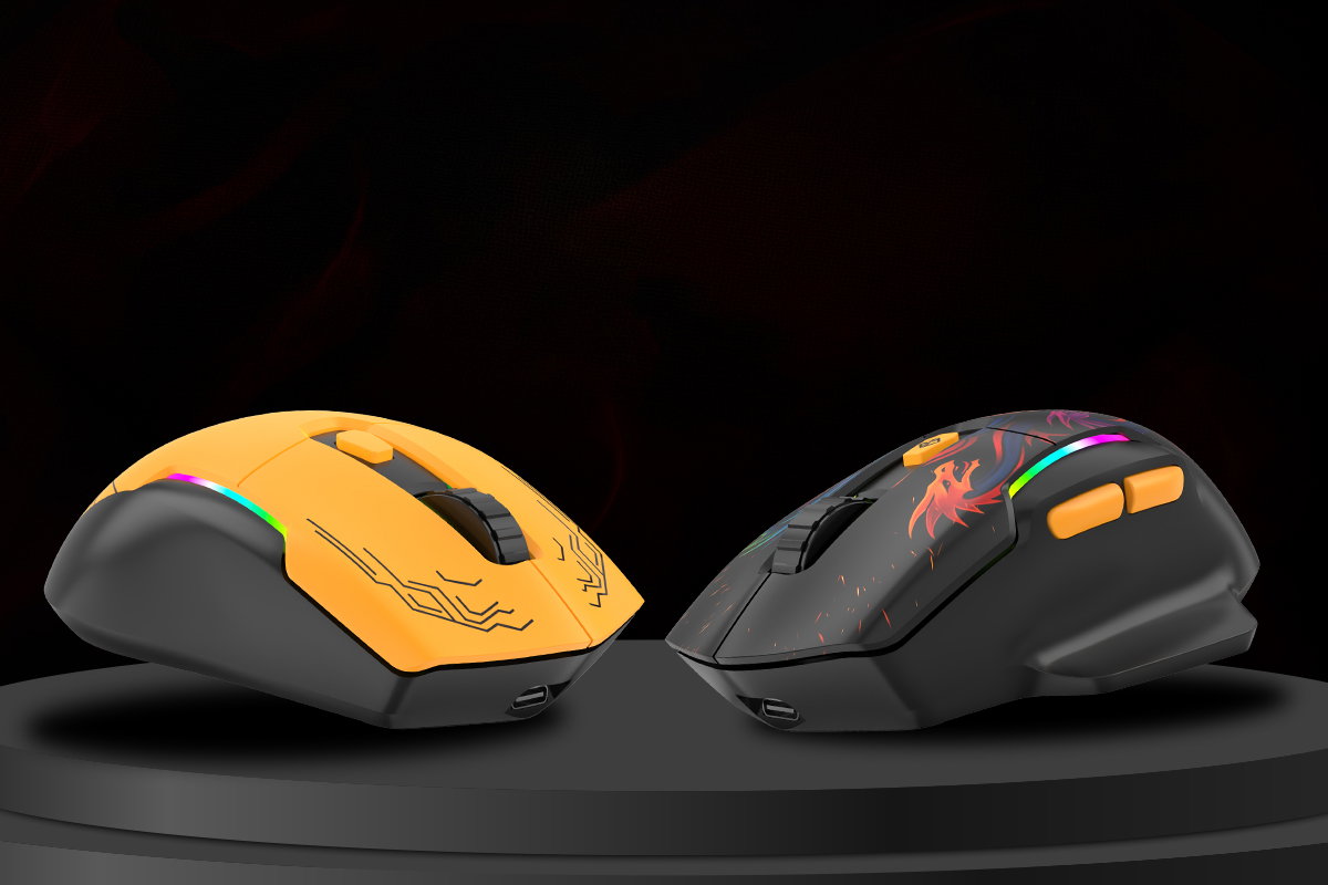 Cosmic Byte Helios Tri-Mode Gaming Mouse — both colorways with dragon graphics and RGB lighting