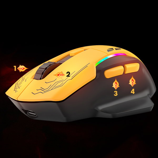 Helios mouse with five buttons numbered for programmable mapping