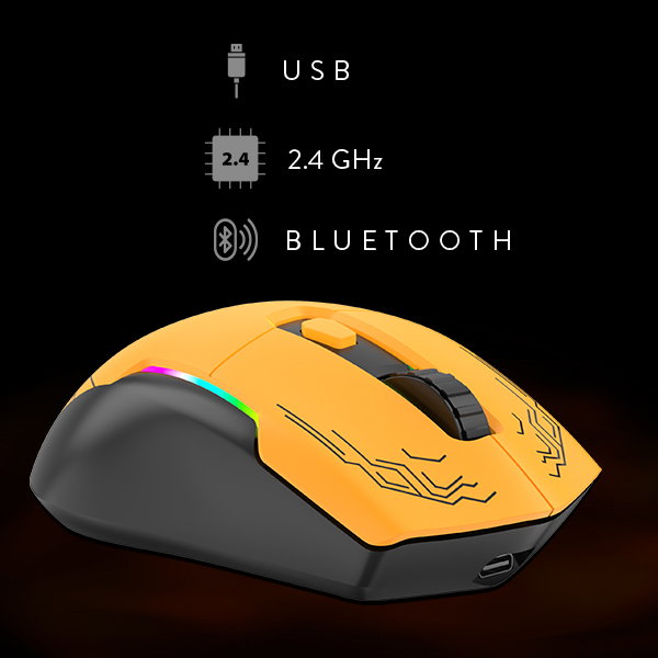 Helios mouse with USB, 2.4GHz, and Bluetooth connectivity callouts