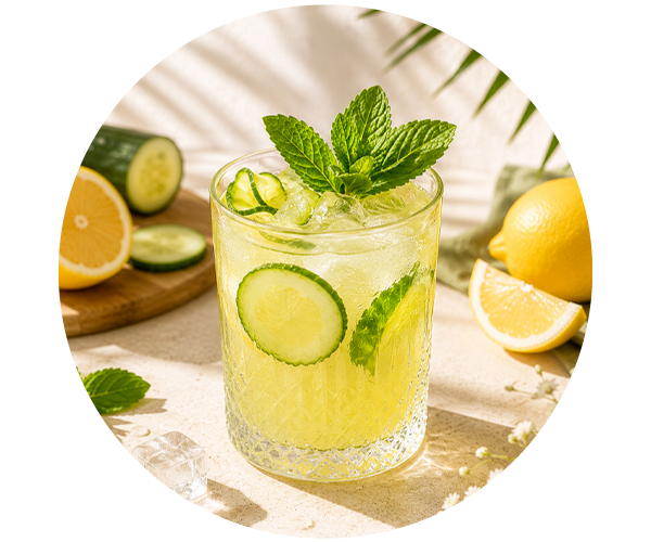 Iced cucumber and lemon mint cooler in a cut-glass tumbler with ice, cucumber and lemon slices, fresh mint garnish