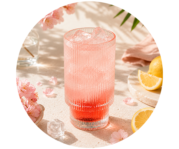 Tall ribbed glass of pink iced lemonade with ice cubes, lemon slices and cherry blossom petals on a sunlit table