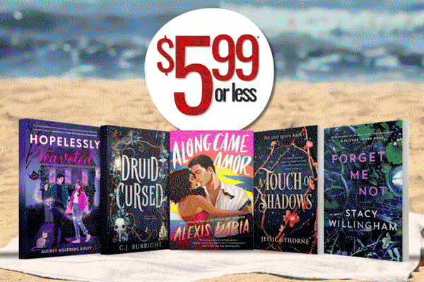 Book Depot graphic promoting beach reads priced at $5.99 or less, featuring Hopelessly Teavoted, Druid Cursed, Along Came Amor, Touch of Shadows, and Forget Me Not against a beach backdrop.