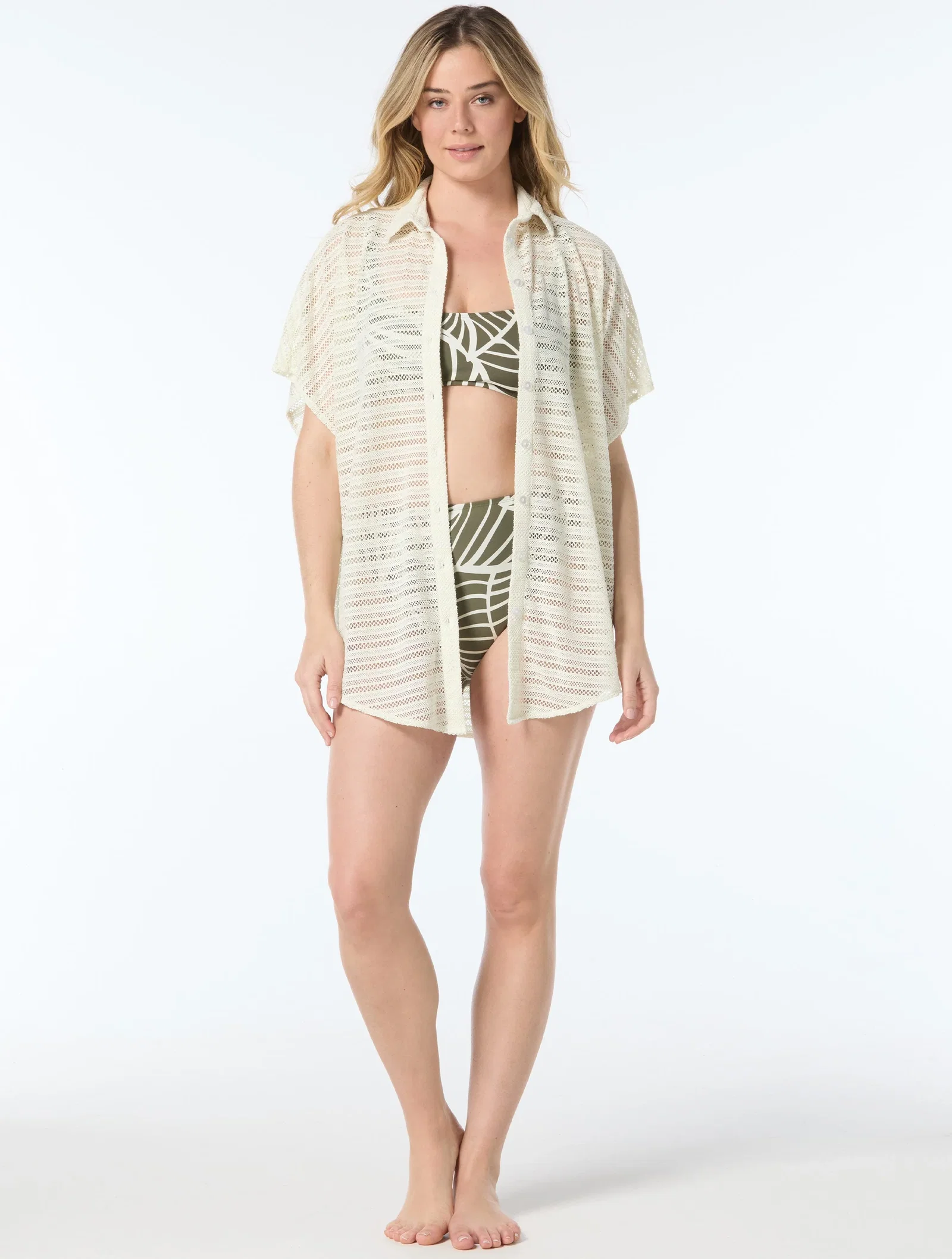 Image of Coco Reef Demure Button Up Cover Up Shirt - Sand Dune Crochet
