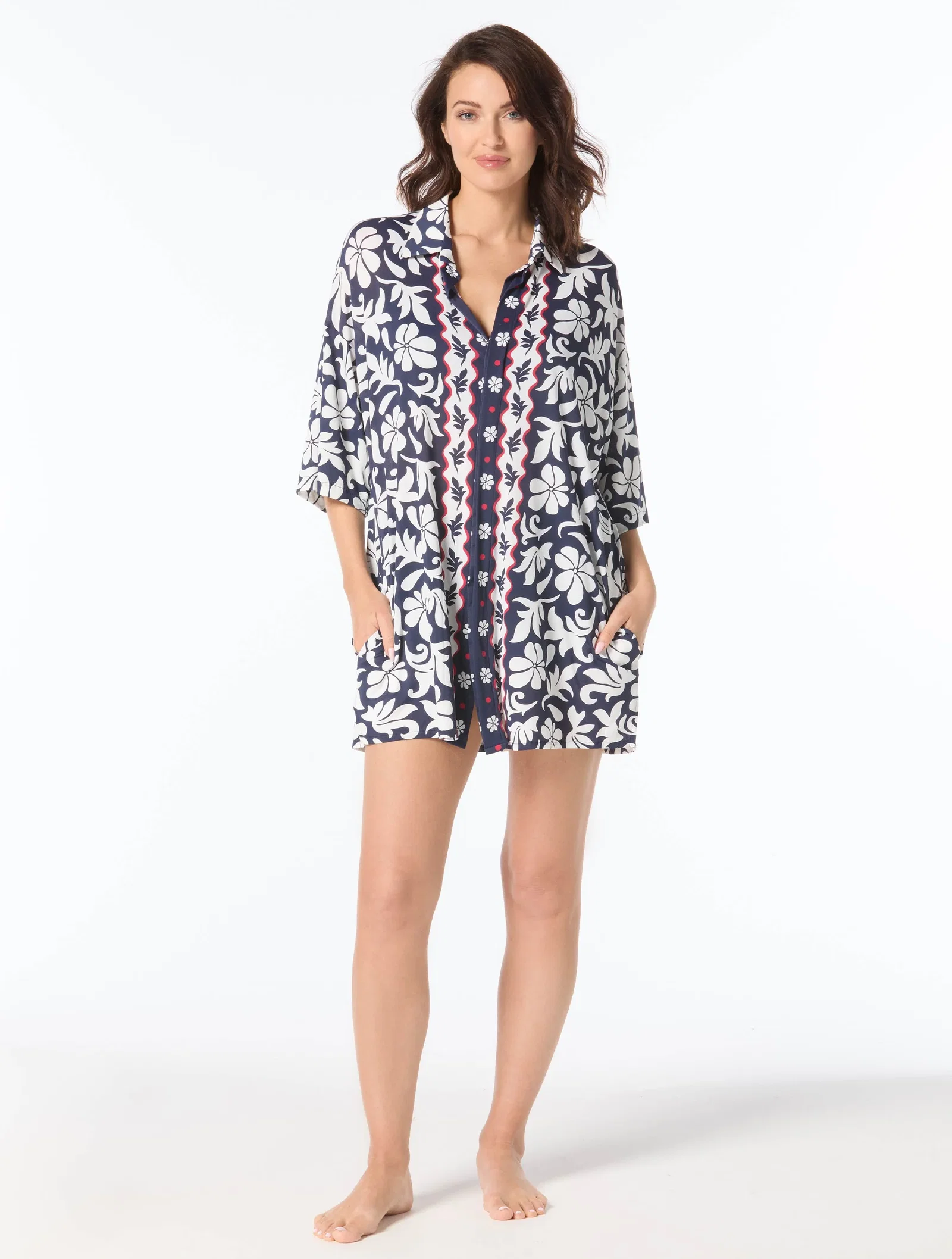Image of Beach House Harper Button Up Cover Up Shirt - Block Trop