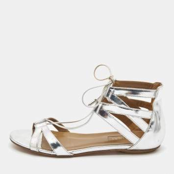 Silver Leather Strappy Flat Sa