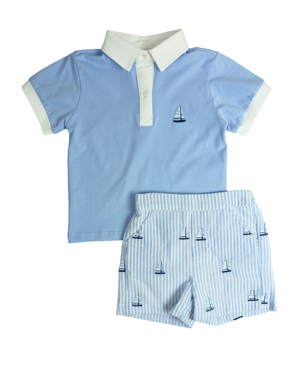Sailboat Embroidered Seersucker Shorts Set