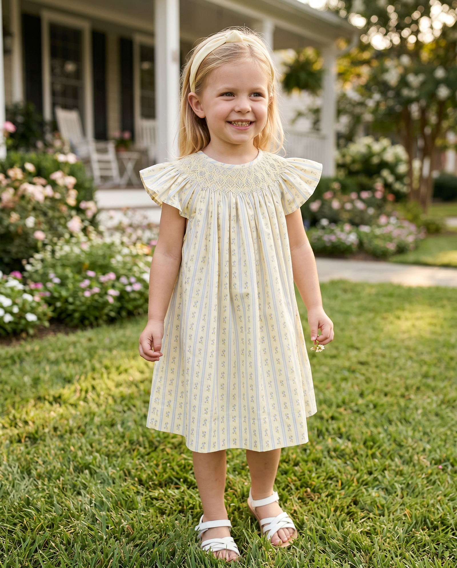 French Blue Petite Flowers Smocked Angel Sleeve Dress