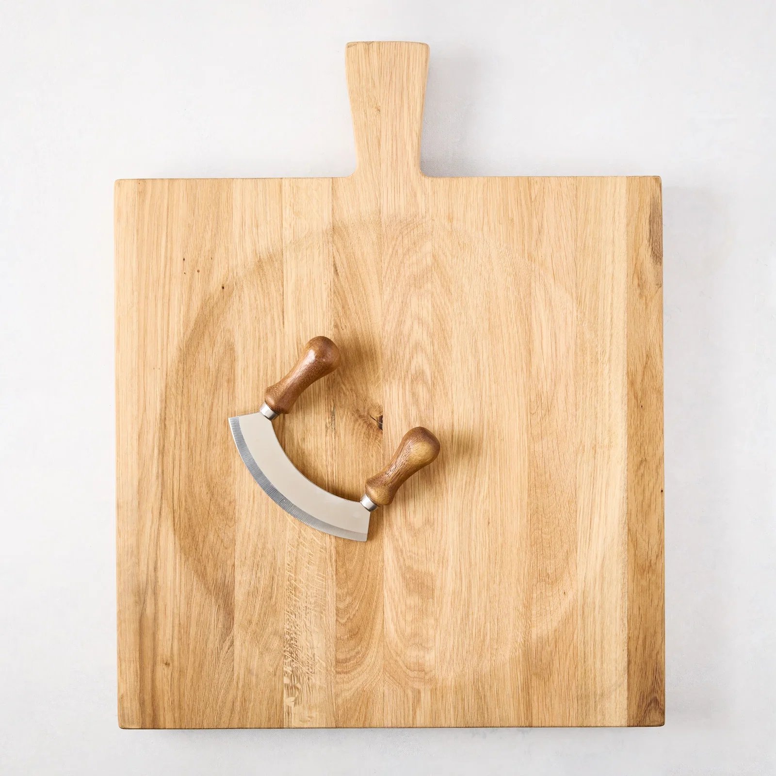Image of Large Oak Wood Cutting Board Bowl with Mezzaluna Blade