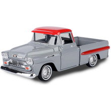 1958 Chevy Apache Fleetside Low Rider with Visor - Grey/Red 1:24 Scale Diecast Model Truck by Motormax