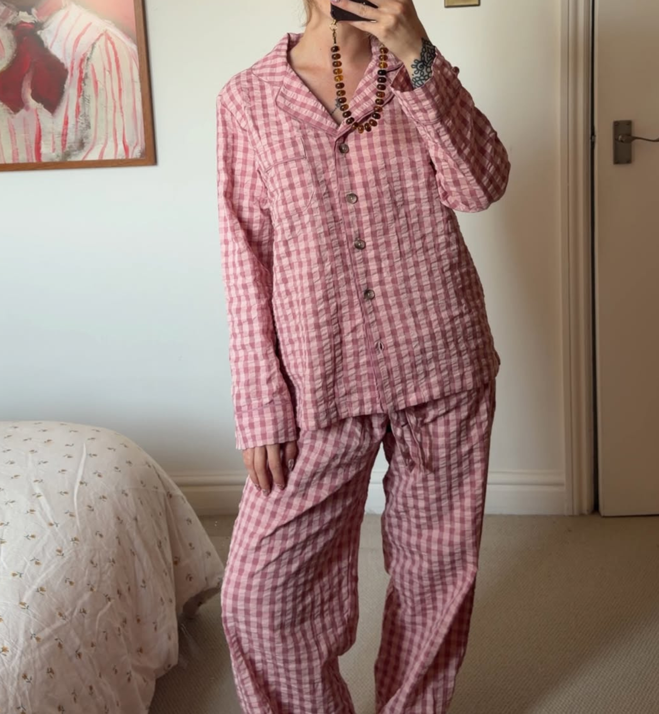 Dusty Pink & Rose Gingham Cotton Pants Set