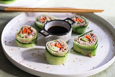Rezept, Frisches Gurken-Sushi mit cremiger Thunfisch-Frischkäse-Füllung, knackigen Rüebli und Avocado, Oswald