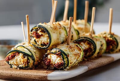 Rezept, mediterranen Zucchetti-Spiesse, gefüllt mit Feta und Oswalds Pesto Pomodori secchi, Oswald