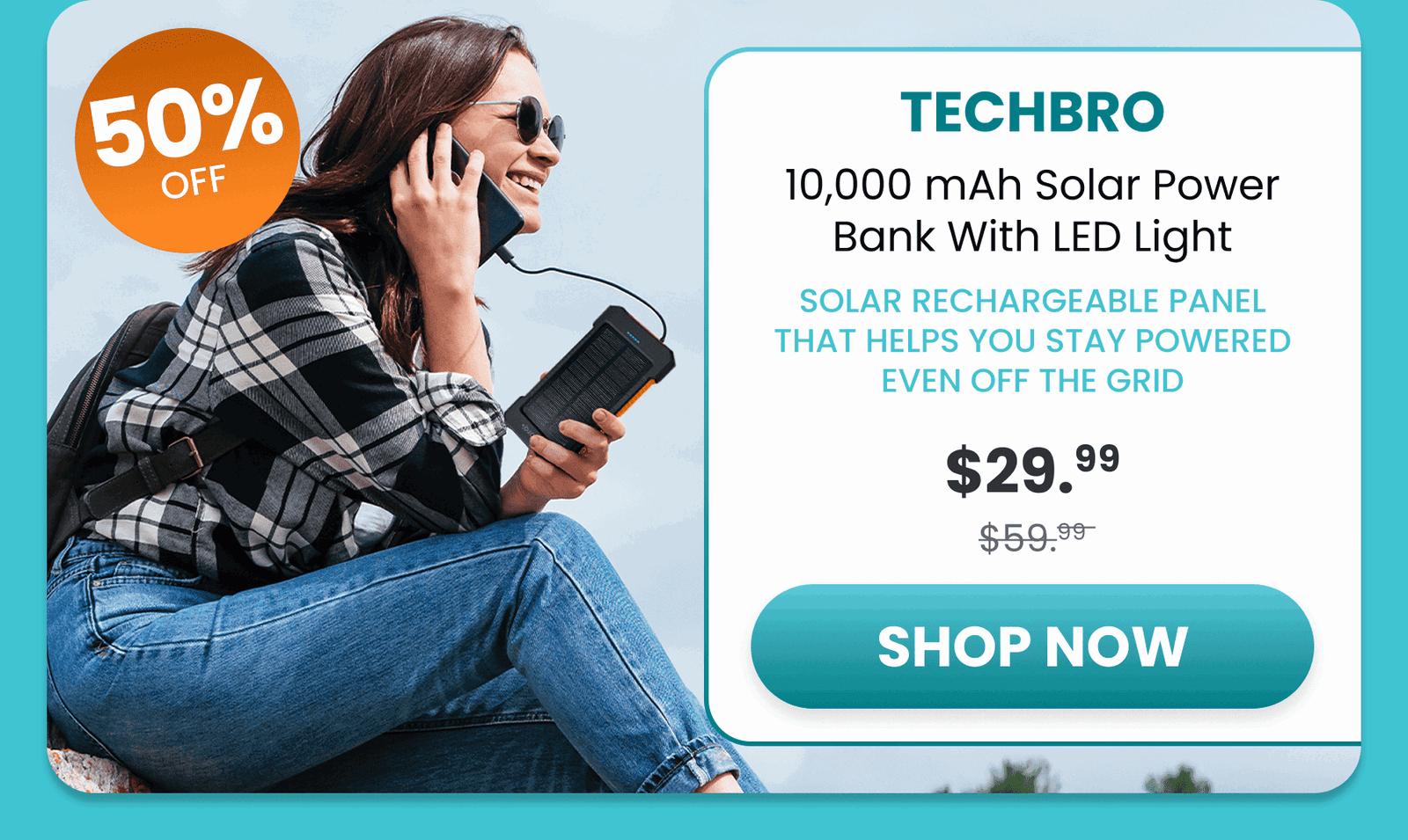 TechBro charger 10,000mAh Solar Power Bank w/LED Light/Solar rechargeable panel that helps you stay powered even off the grid