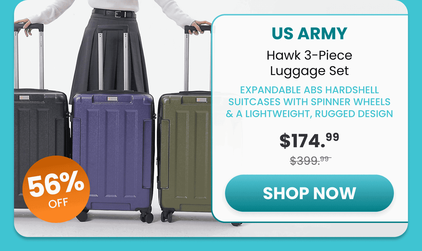 US Army Luggage Hawk 3-Piece Luggage Set/Expandable ABS hardshell suitcases with spinner wheels & a lightweight, rugged design