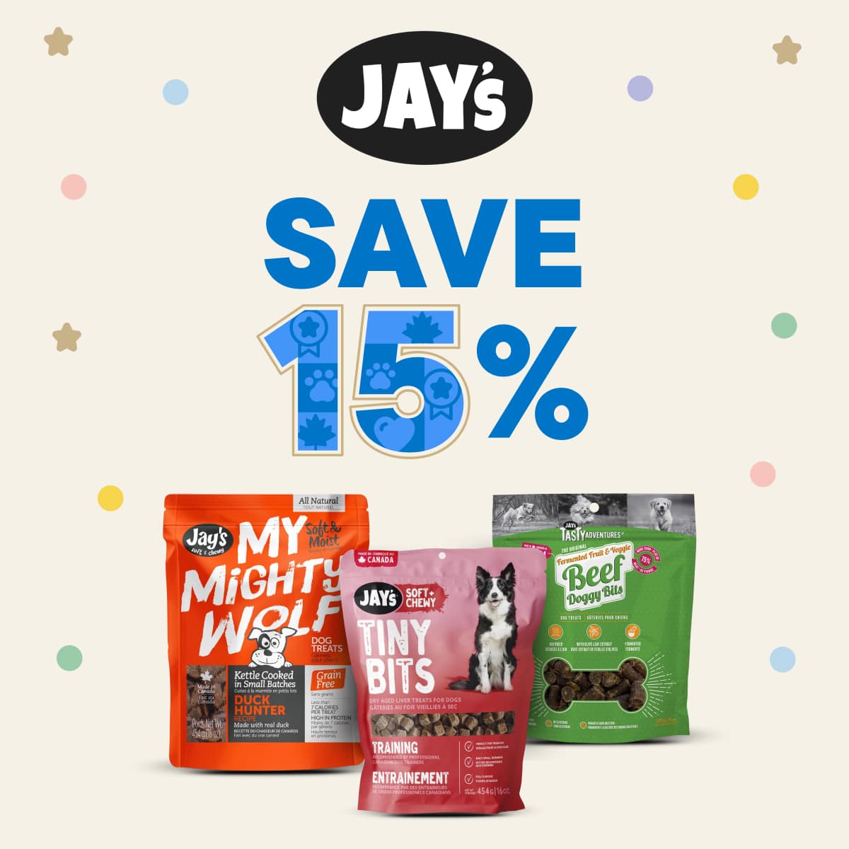 Save 15% on all Jay's dog treats