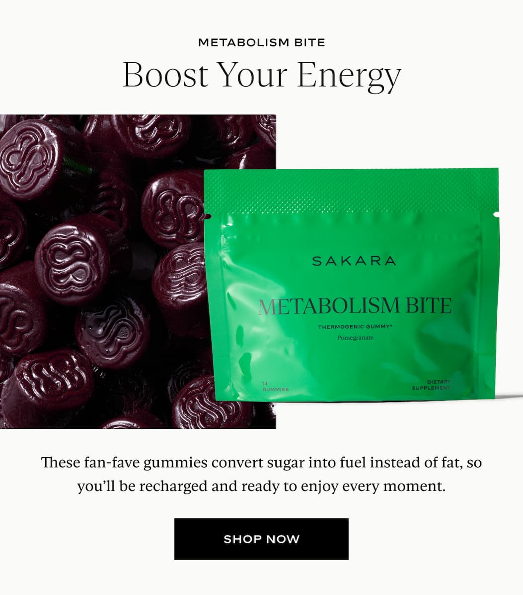 Green Sakara Metabolism Bite pouch beside dark pomegranate gummies, headline "Boost Your Energy," with a Shop Now button