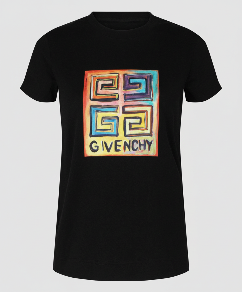 Black t-shirt with a colorful, abstract logo and the word "GIVENCHY" printed on the front.