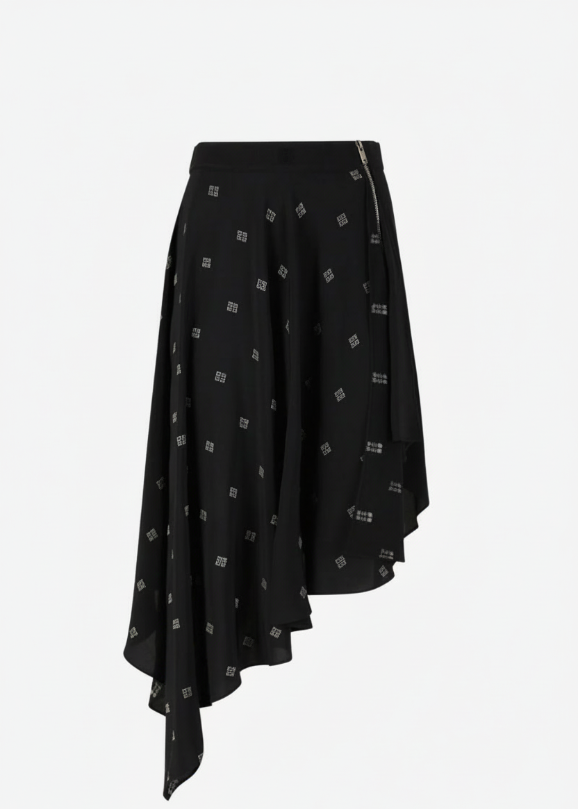 Black asymmetrical skirt with a repeating geometric pattern and a side zipper.