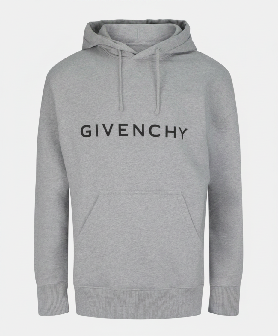 Grey Givenchy hoodie with black logo.