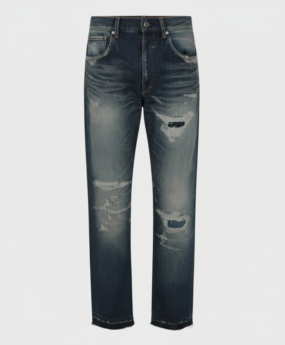 Distressed blue denim jeans with a straight leg and raw hem.