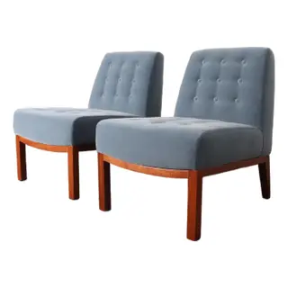 Image of Pair of Mahogany and Blue Mohair Slipper Chairs by Edward Wormley for Dunbar
