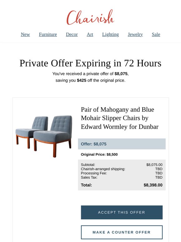 You have a private offer from a seller on Pair of Mahogany and Blue Mohair Slipper Chairs by Edward Wormley for Dunbar