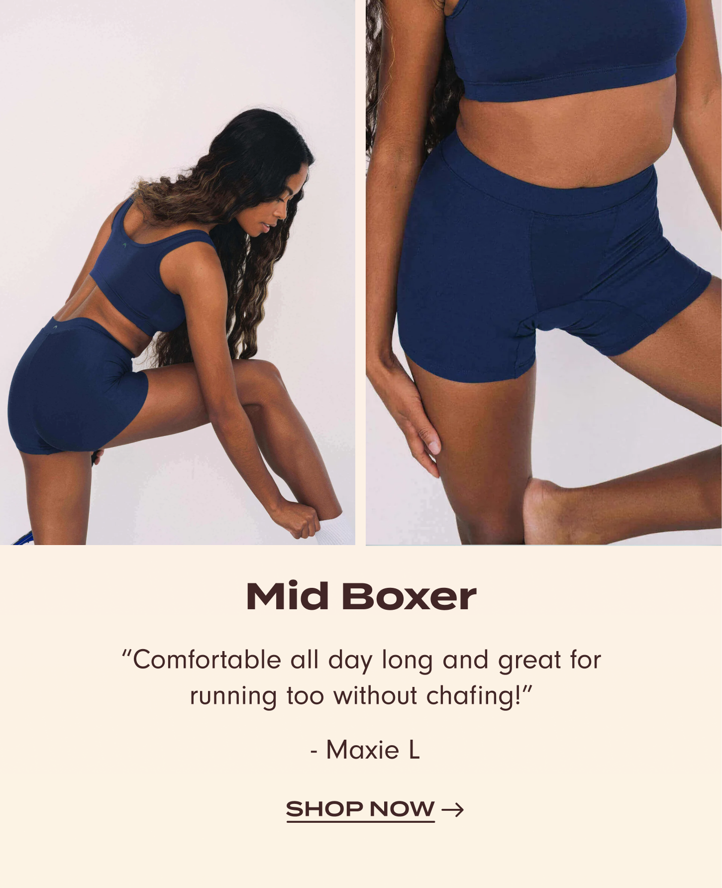 Shop Mid-Boxer: "Comfortable all day long and great for running too without chafing!" – Maxie L