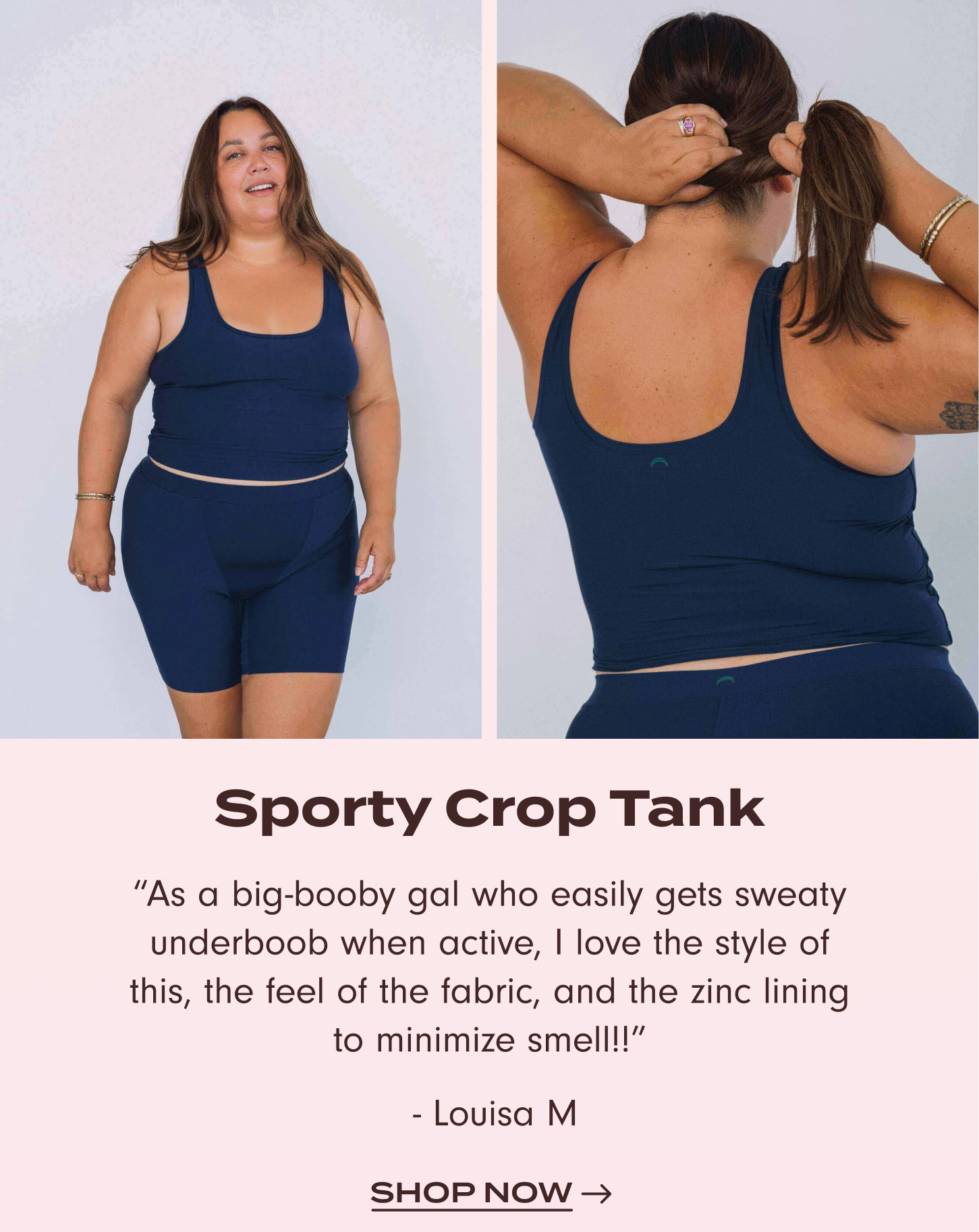 Shop Sporty Crop Tank: "As a big-booby gal who easily gets sweaty underboob when active, I love the style of this, the feel of the fabric, and the zinc lining to minimize smell!!" – Louisa M