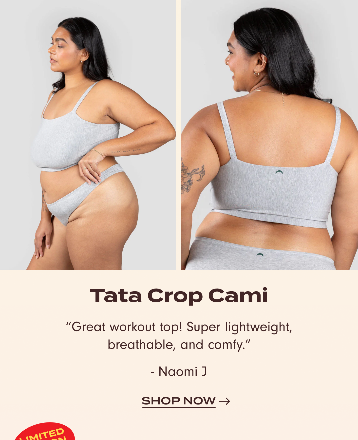 Shop Tata Crop Cami: "Great workout top! Super lightweight, breathable, and comfy." – Naomi J