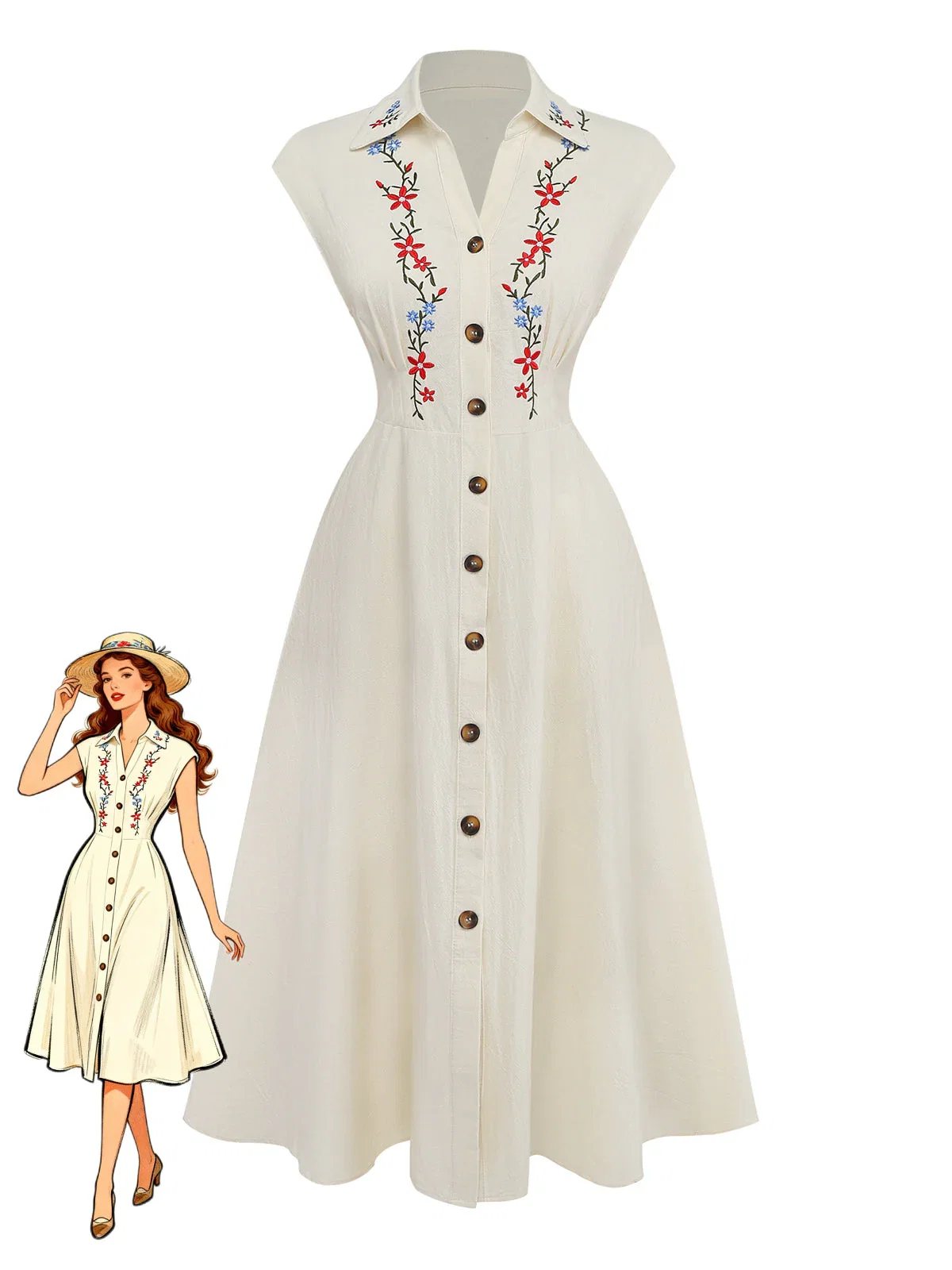 Beige 1940s Embroidered Floral Cap Sleeve Dress