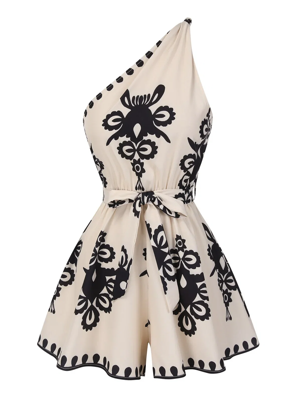 [Pre-Sale] Beige 1940s Oblique Neck Tribal Printed Romper