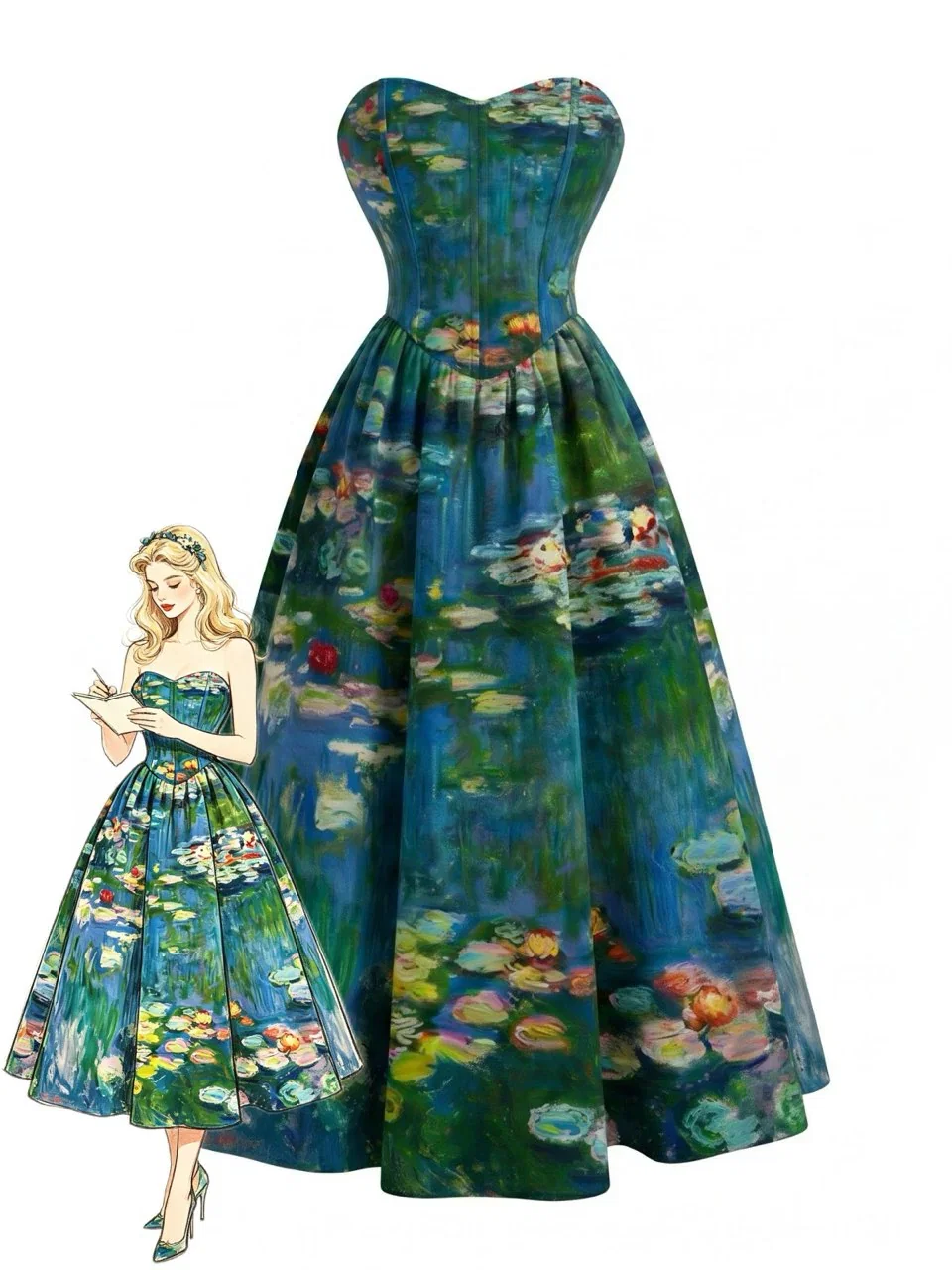 [Pre-Sale] Blue 1950s Water Lily Sweetheart Strapless Dress