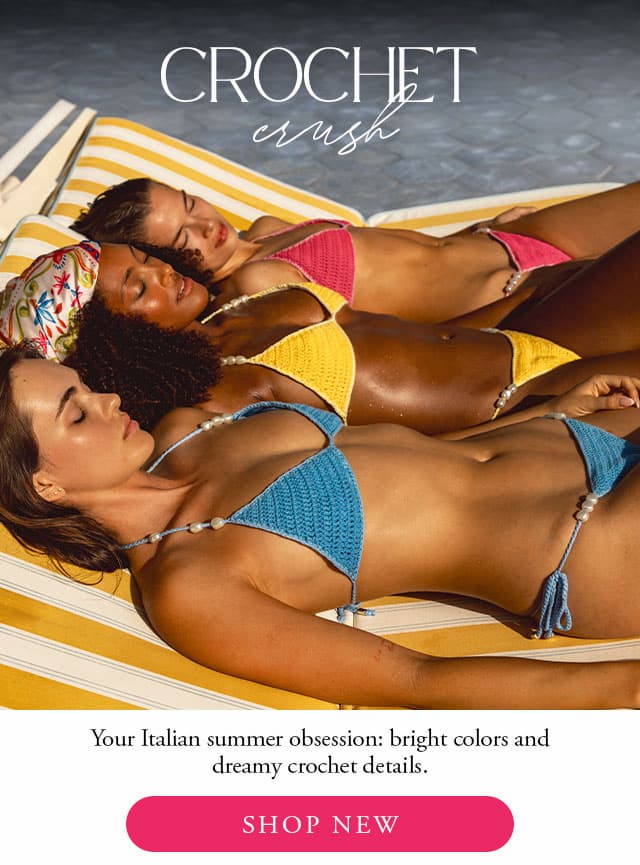 Models wearing bright color crochet bikinis with beading. Shop new. 