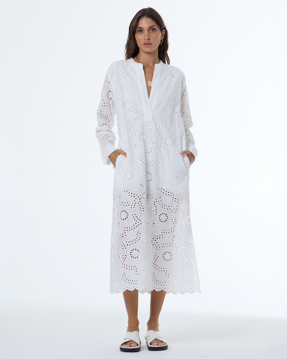 Woman wearing long white lace dress