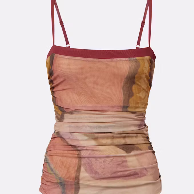 Gathered Printed Mesh Tank Top