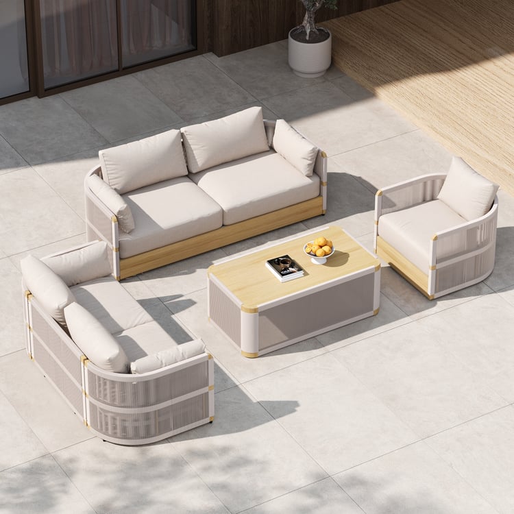 4-Piece Outdoor Rope Weave Swivel Sofa Set with Coffee Table in Ivory for 6