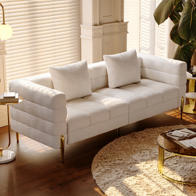 Axial 79" Boucle Fluted Sofa with Gold Legs & Pillows