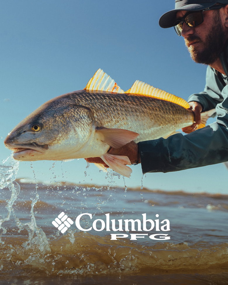 Columbia PFG logo, with a man holding a fish out of the water.