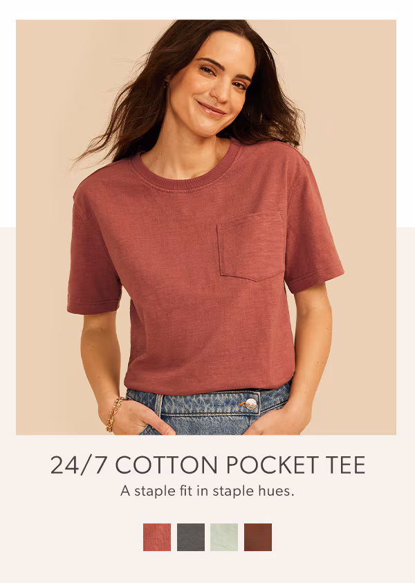 24/7 cotten pocket tee. A staple fit in staple hues.
