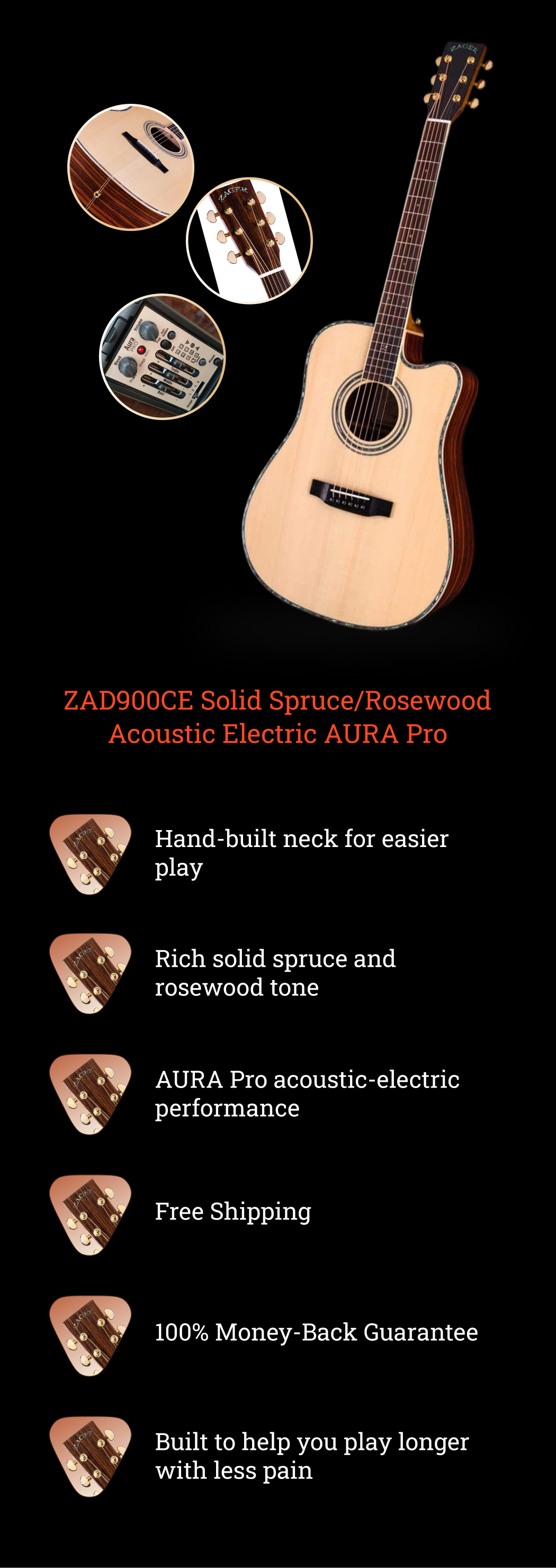 ZAD900CE Solid Spruce/Rosewood Acoustic Electric AURA Pro