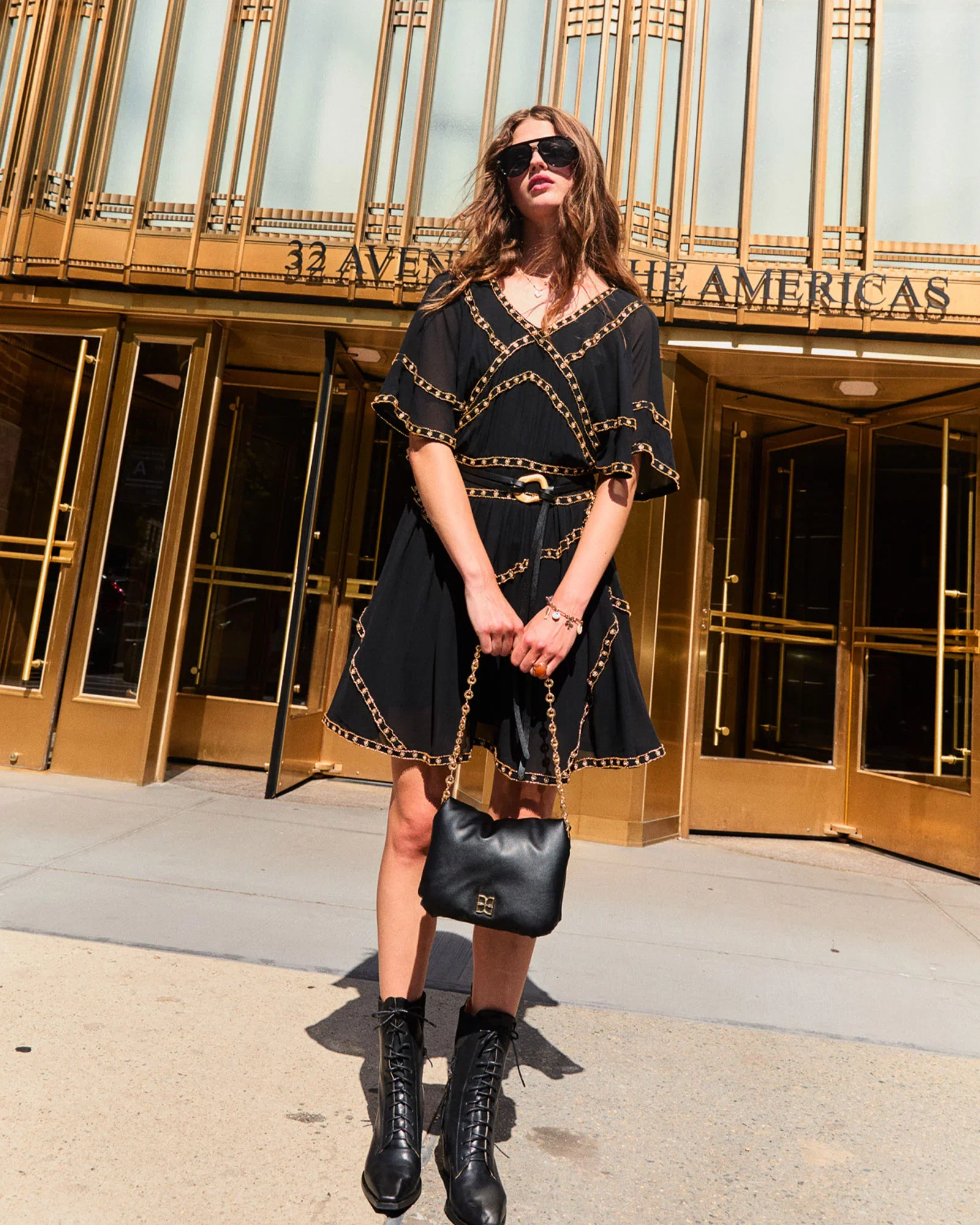 Image of Golden Mark Beaded Trim Mini Dress - Black