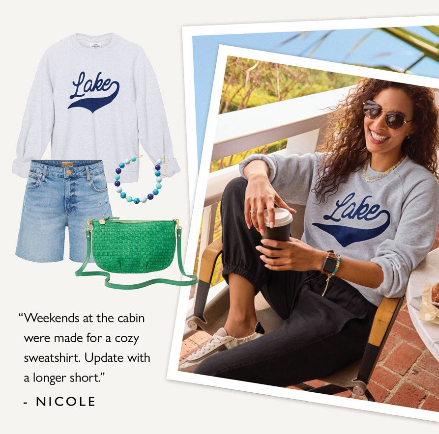 Weekends at the cabin were made for a cozy sweatshirt. Update with a longer short.  -Nicole. Image of model and cutouts of themebox looks.